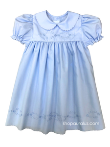 Auraluz Dress...Blue with scallop trim, p.p.collar and embroidered flowers