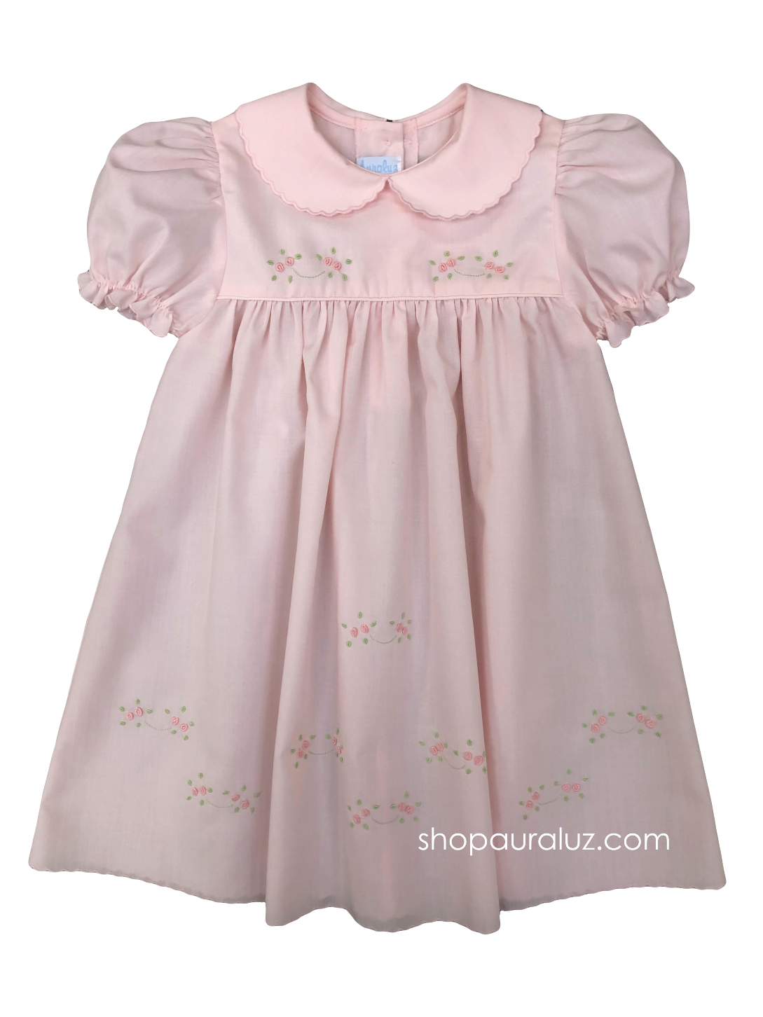 Auraluz Dress...Pink with scallop trim, p.p.collar and embroidered tiny buds