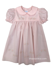 Auraluz Dress...Pink with scallop trim, p.p.collar and embroidered tiny buds