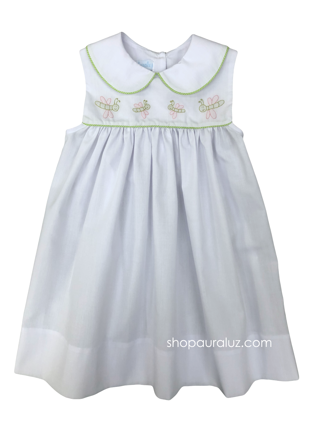 Auraluz Sleeveless Dress...White with lime check trim and embroidered dragonflies