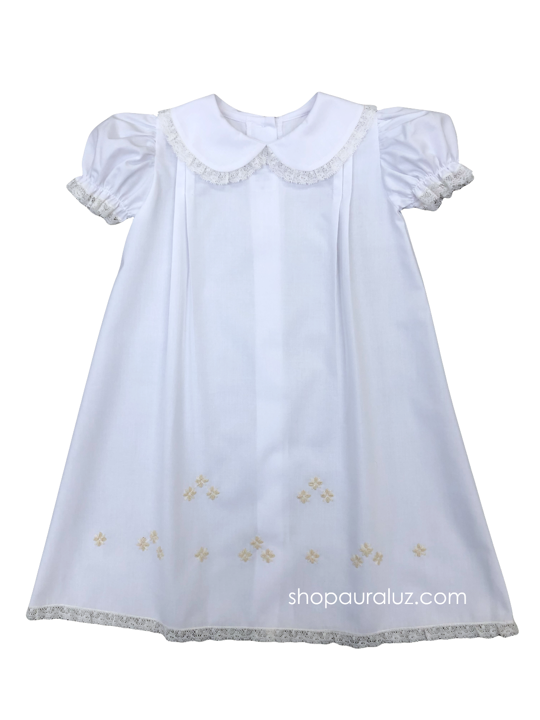Auraluz Girl Day Gown..White with ecru lace and embroidered rosebuds