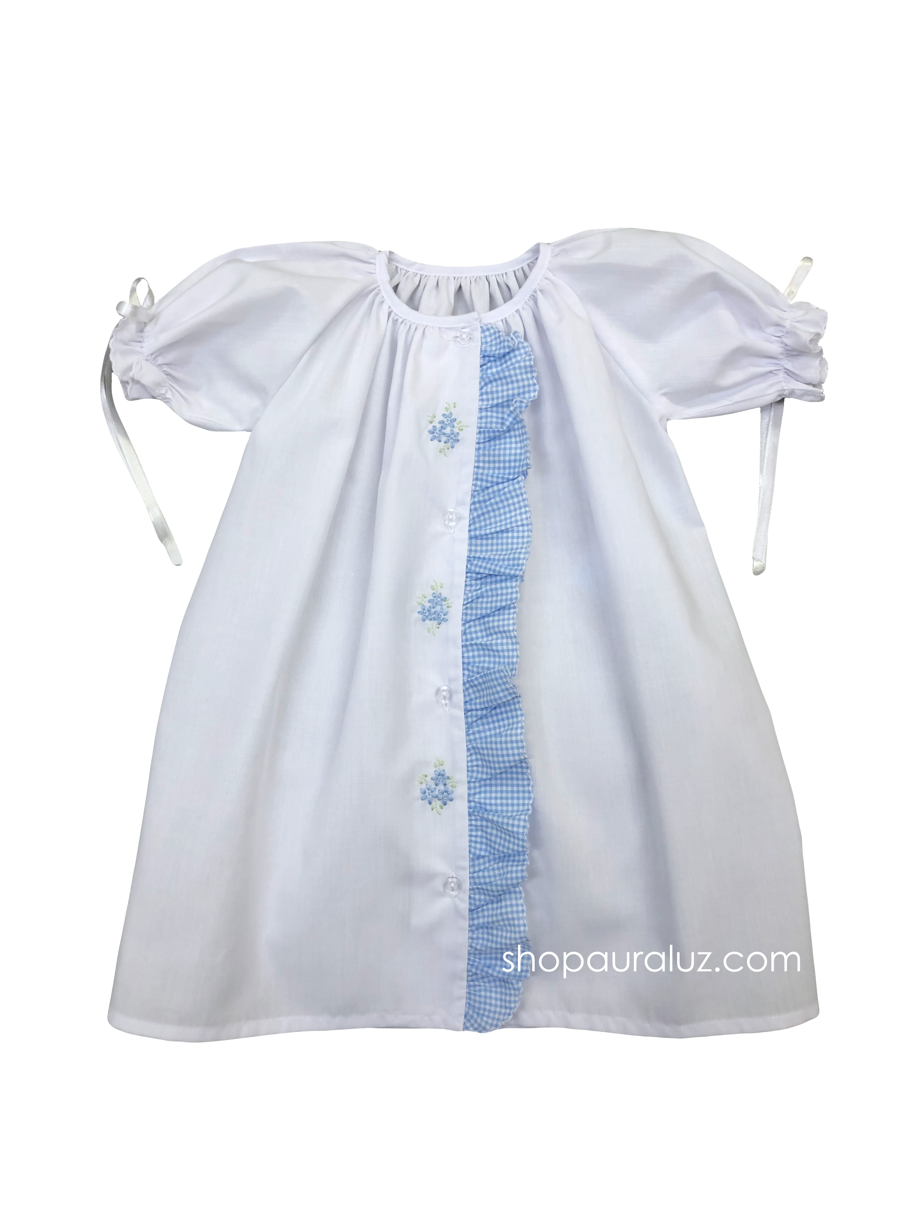 Auraluz Day Gown..White with blue check ruffle,ribbons and embroidered flowers