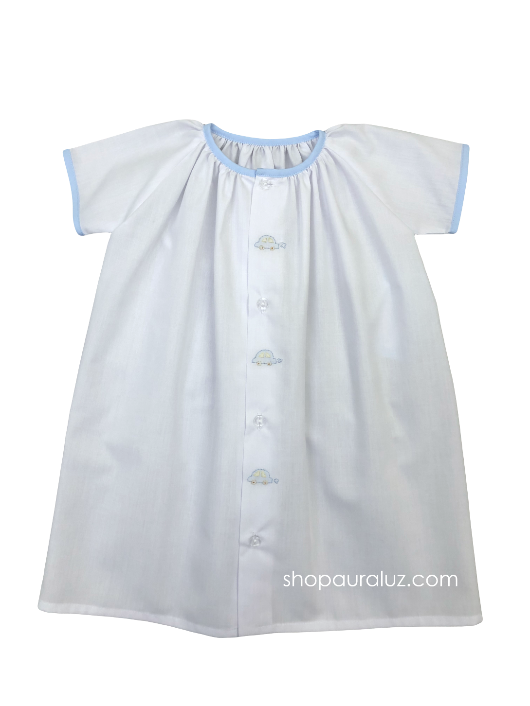 Auraluz Day Gown. White with blue binding trim and embroidered cars