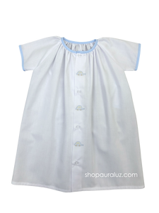 Auraluz Day Gown. White with blue binding trim and embroidered cars