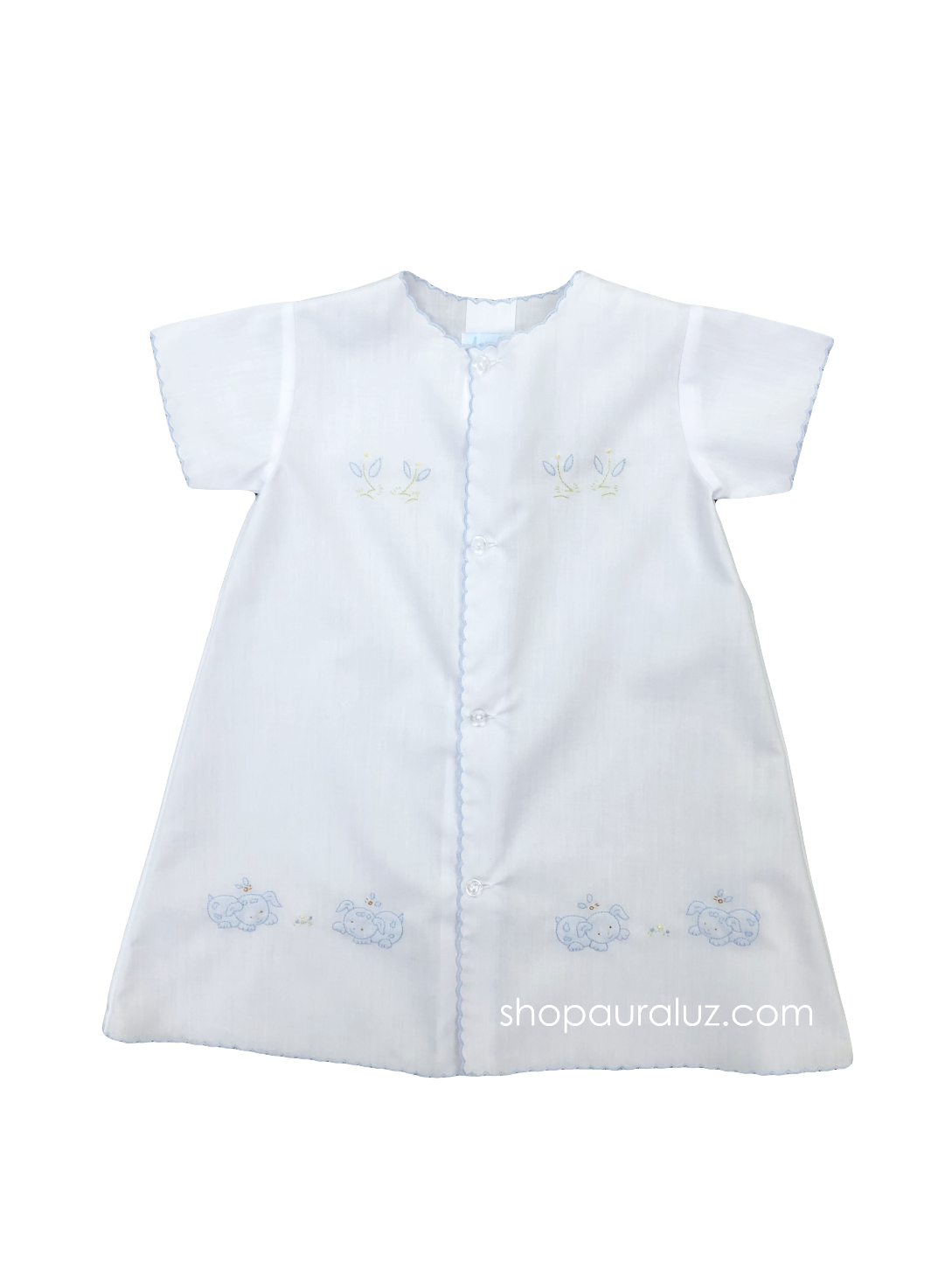 Auraluz Day Gown..White with blue scallops and embroidered puppy dogs