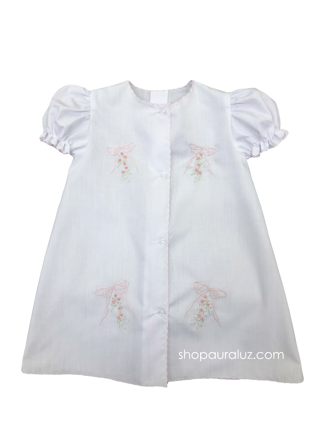 Auraluz Day Gown..White with pink scallops and embroidered ribbon bows