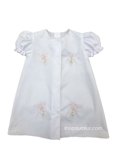 Auraluz Day Gown..White with pink scallops and embroidered ribbon bows