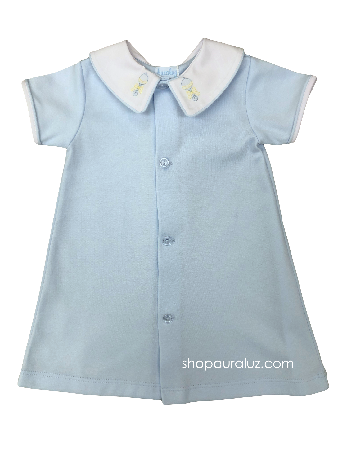 Auraluz Knit Boy Day Gown...Blue w/white boy collar and embroidered rattles
