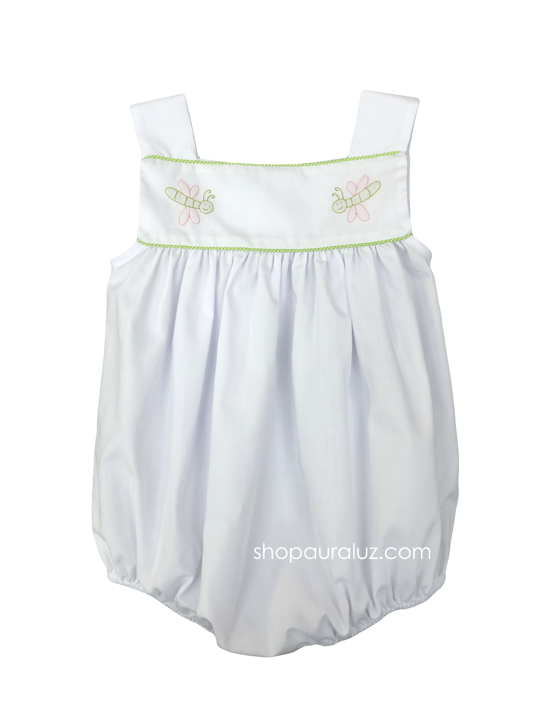 Auraluz Girl Sun Bubble...White with lime check trim and embroidered dragonflies