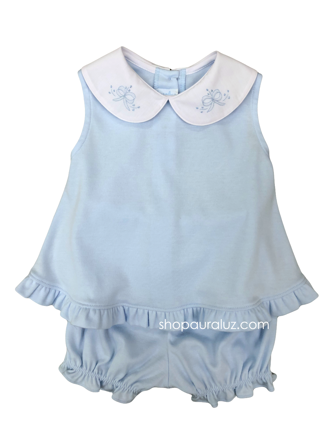 Auraluz Girl Sleeveless 2pc Knit Set...Blue with white p.p. collar and embroidered bows