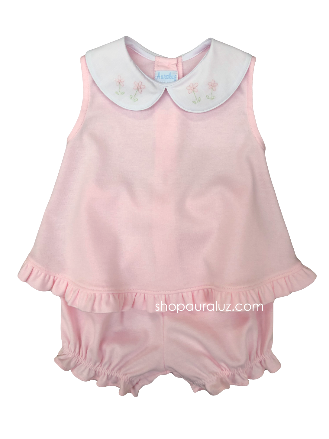Auraluz Girl Sleeveless 2pc Knit Set...Pink with white p.p. collar and embroidered flowers