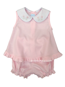 Auraluz Girl Sleeveless 2pc Knit Set...Pink with white p.p. collar and embroidered flowers