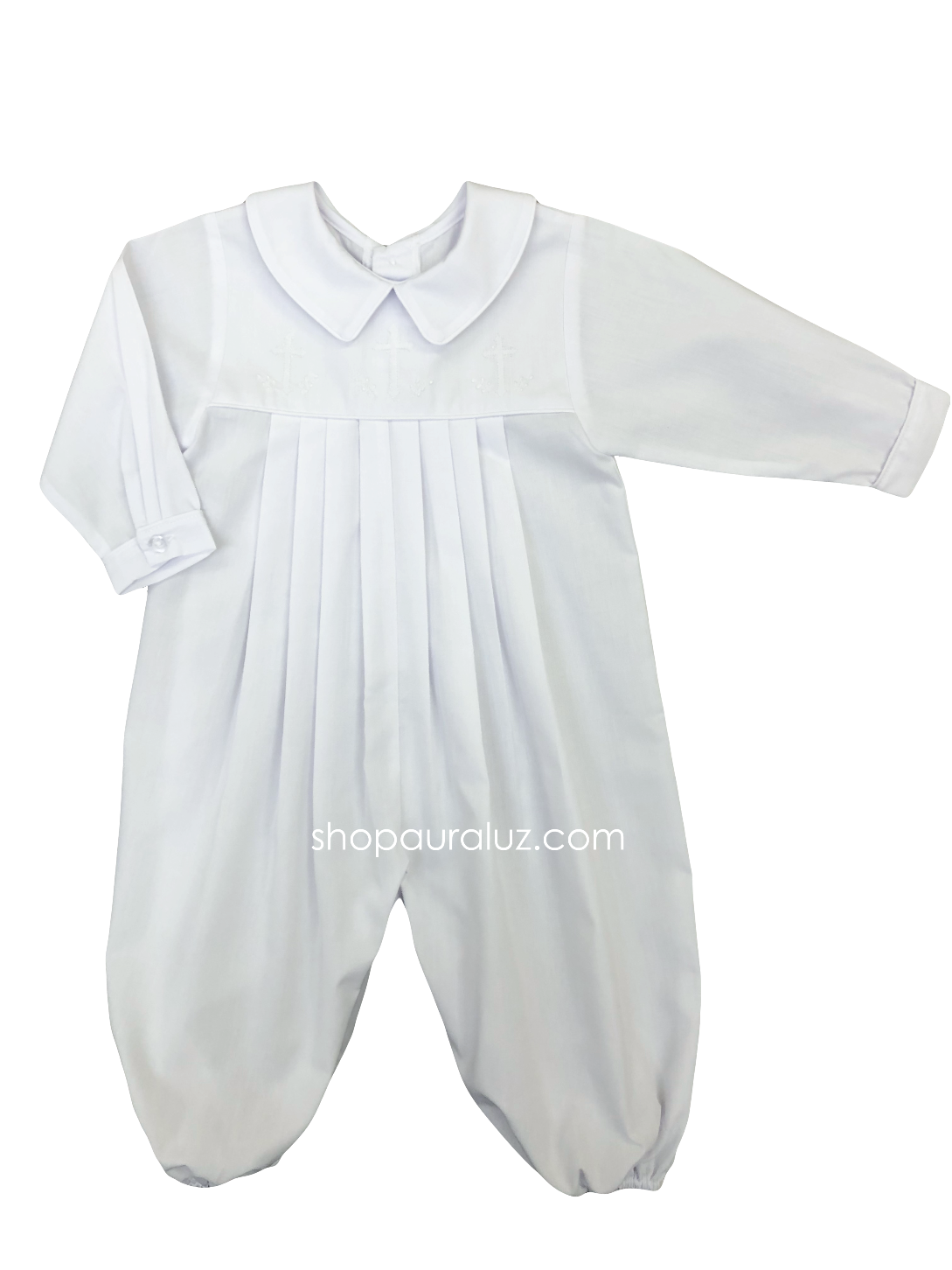 Auraluz Boy Longall, l/s...White with white trim and embroidered crosses