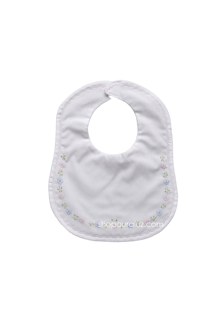 Auraluz Bib..White w/pink scallop stitching and embroidered flowers