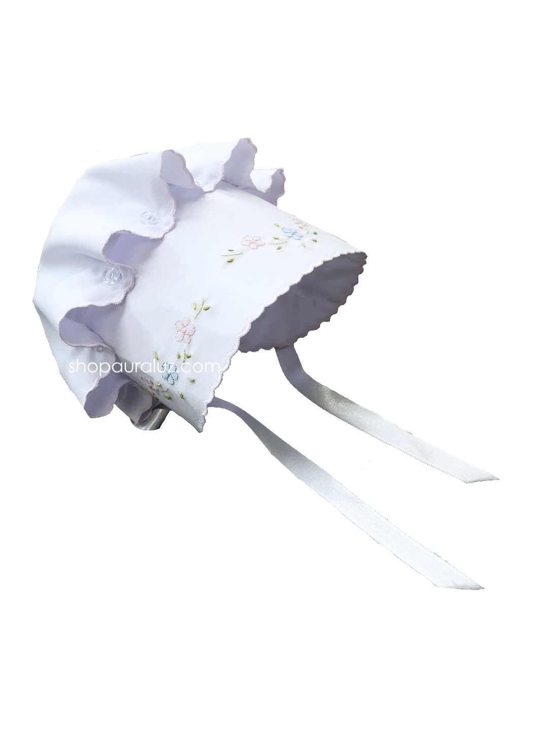 Auraluz Button Bonnet..White with pink scallop trim and embroidered flowers
