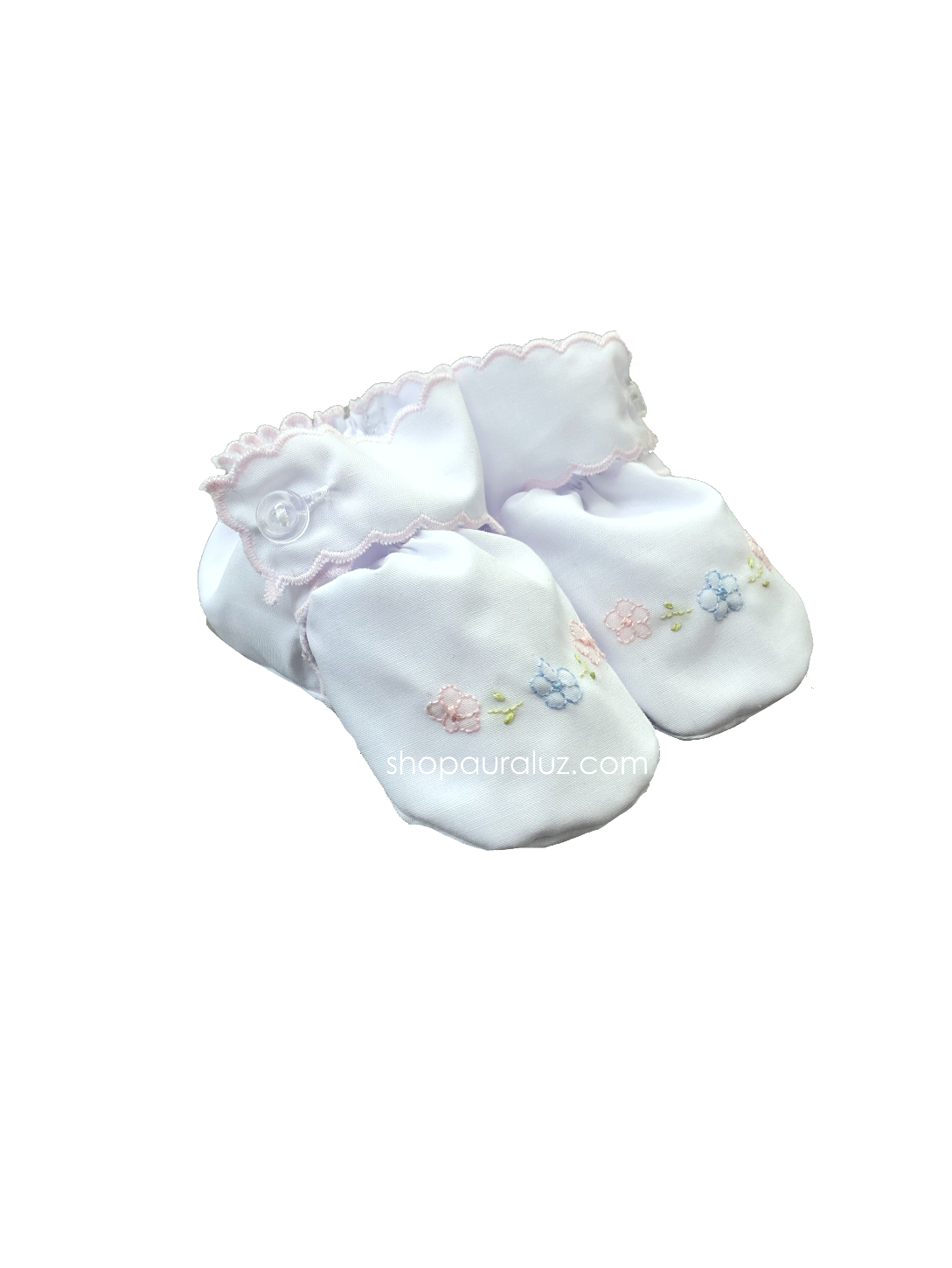 Auraluz Baby Shoe...White with pink scallops and embroidered flowers