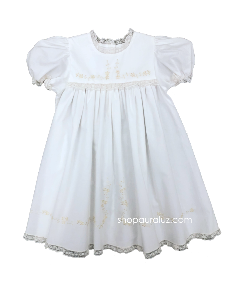 Auraluz Dress..White with ecru lace, no collar and ecru embroidered flowers