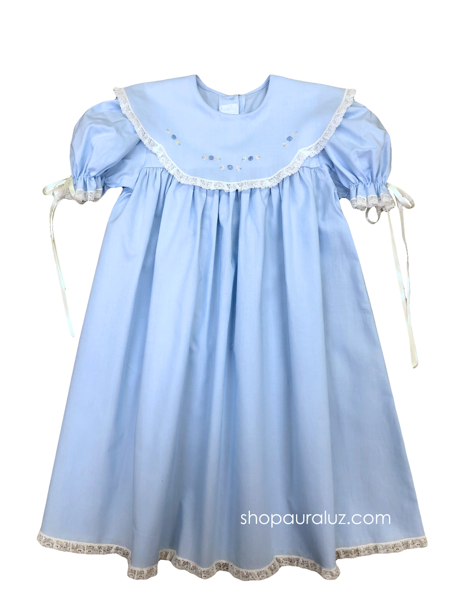 Auraluz White Angel Sleeve Dress with Flower Embroidery and Pink Trim main image 1