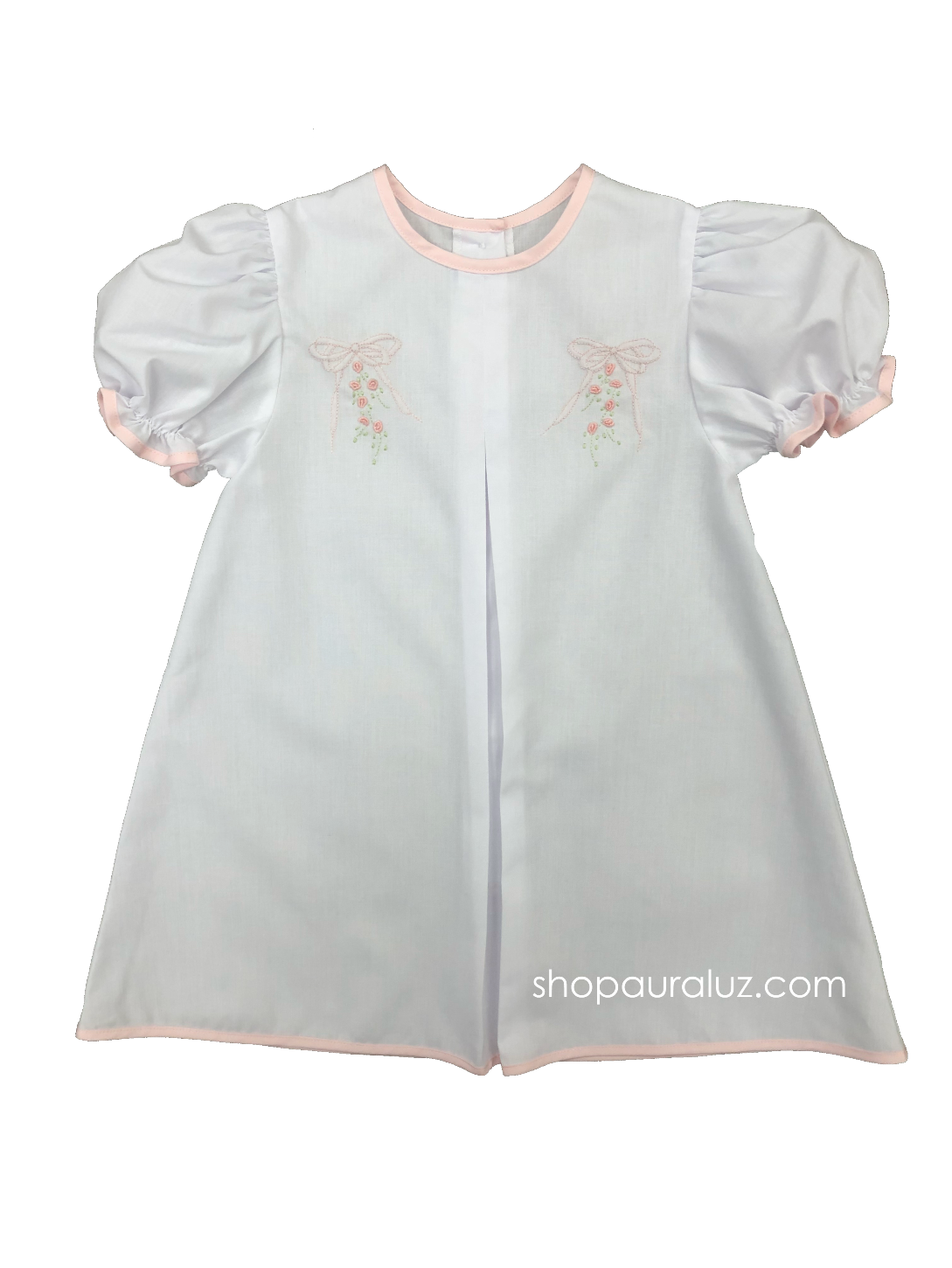 Auraluz Baby Dress. White with pink binding trim and embroidered bows