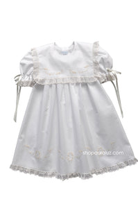 Auraluz Dress..White with ecru lace/ribbon, sq.collar and embroidered flowers