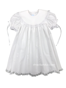 Auraluz Dress..White with white lace/ribbon, round collar and embroidered flowers