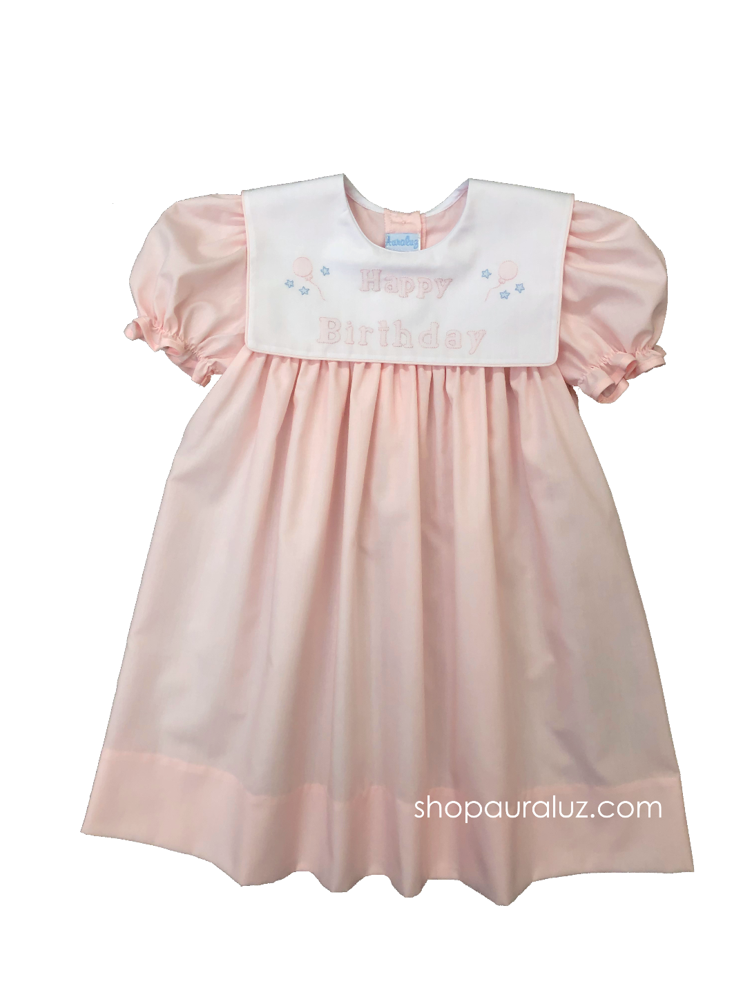 Auraluz Birthday Dress..Pink with square collar and embroidered "Happy Birthday"