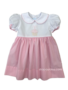Auraluz Girl Dress...White/pink check with p.p. collar and embroidered cupcake. STORE EXCLUSIVE!