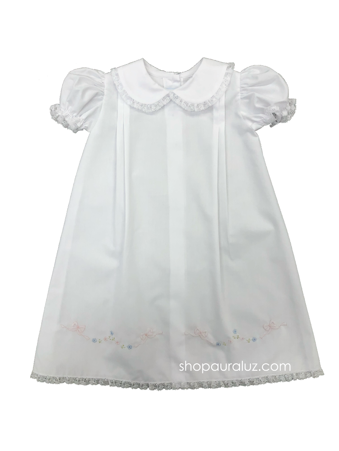 Auraluz Girl Day Gown..White with white lace and embroidered bows