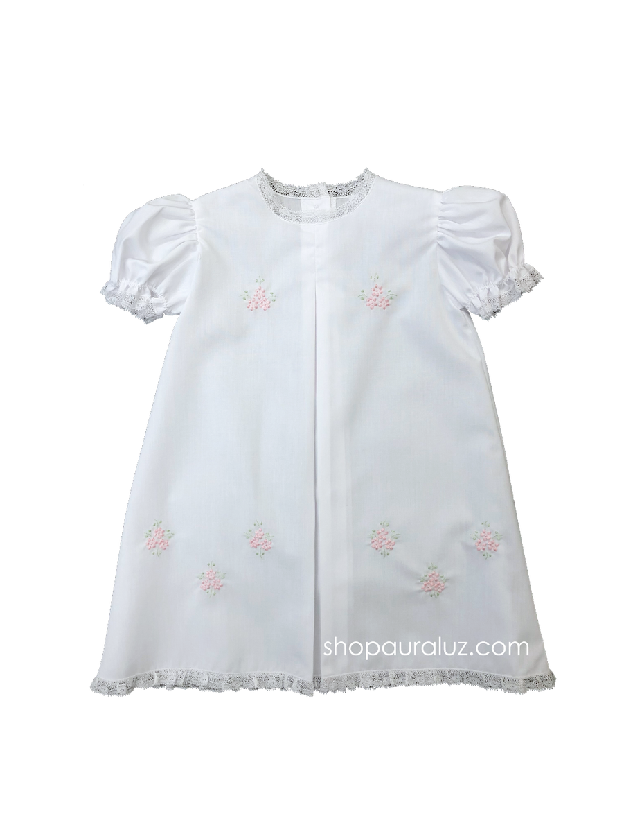Auraluz White Pique Day Gown with Blue Row of Lamb Embroidery