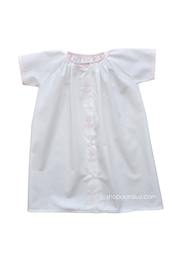 Auraluz Day Gown...White with pink binding trim and embroidered crosses