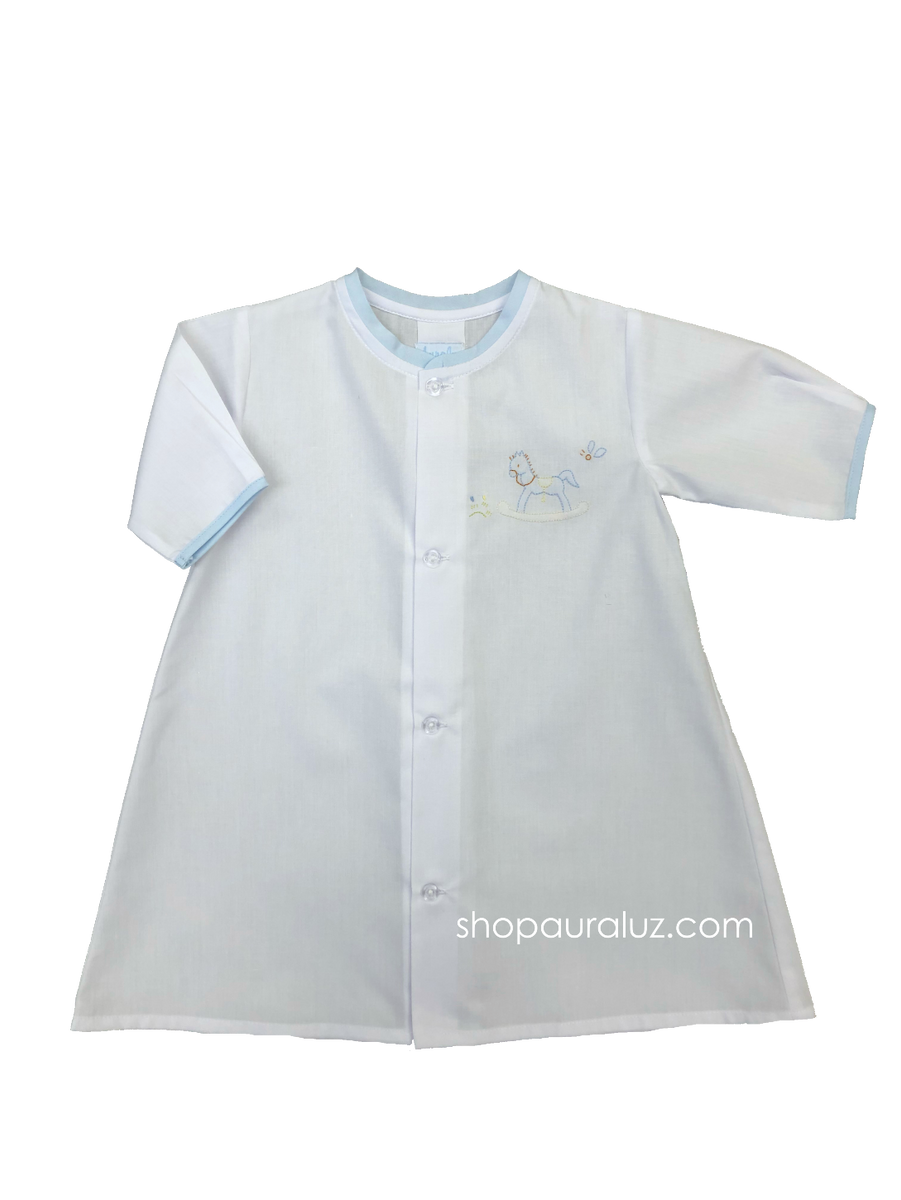 Auraluz White Pique Gown with Blue Duck Embroidery