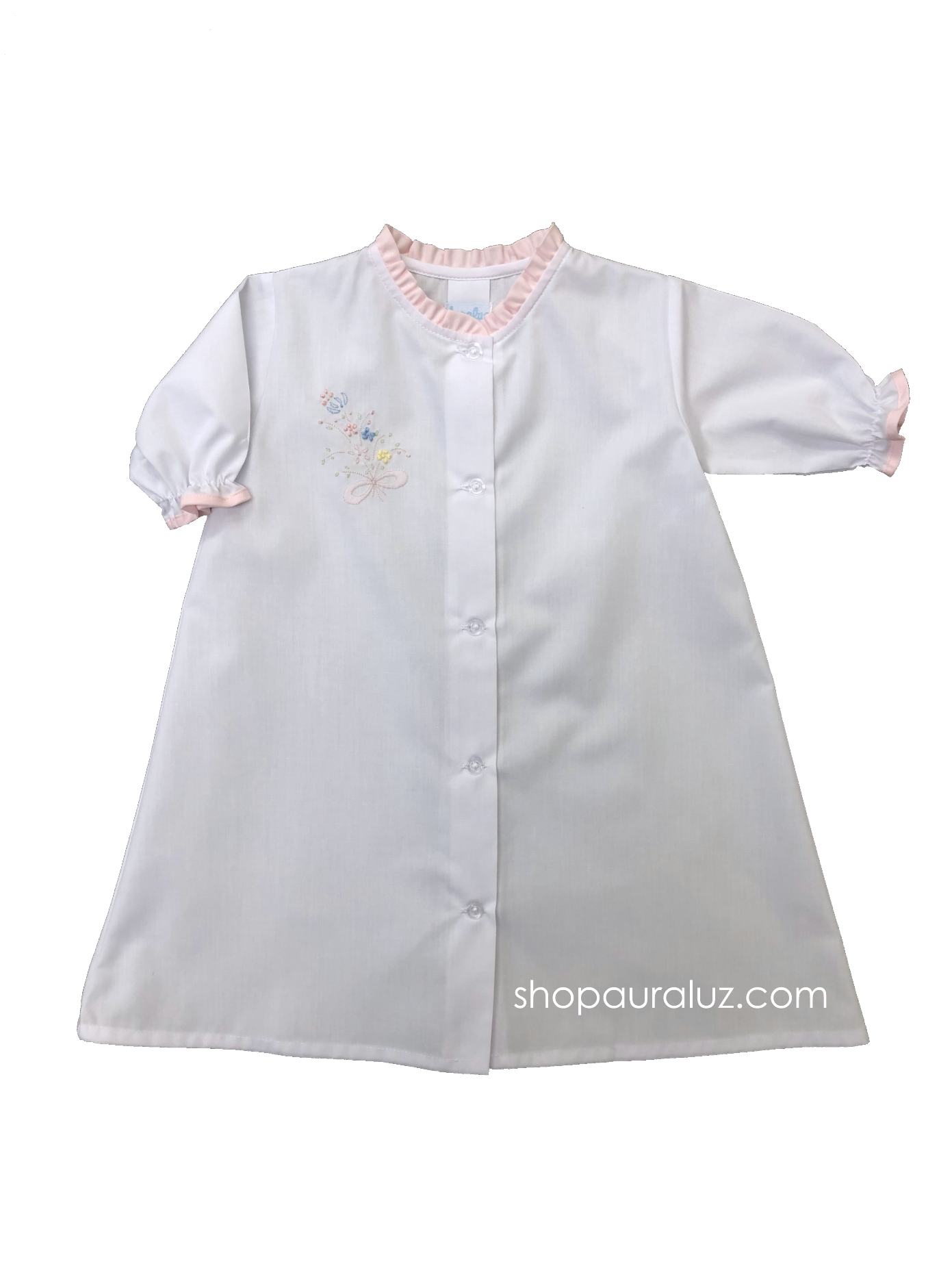 Auraluz Girl Day Gown, l/s...White with pink ruffle trim and embroidered bouquet flowers