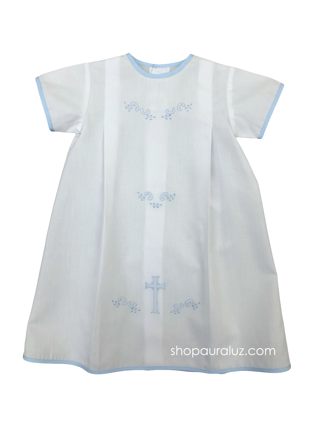 Auraluz Day Gown...White with blue binding trim and embroidered cross