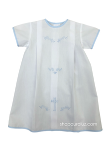 Auraluz Day Gown...White with blue binding trim and embroidered cross