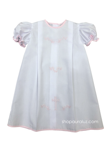 Auraluz Girl Day Gown...White with pink binding trim and embroidered cross