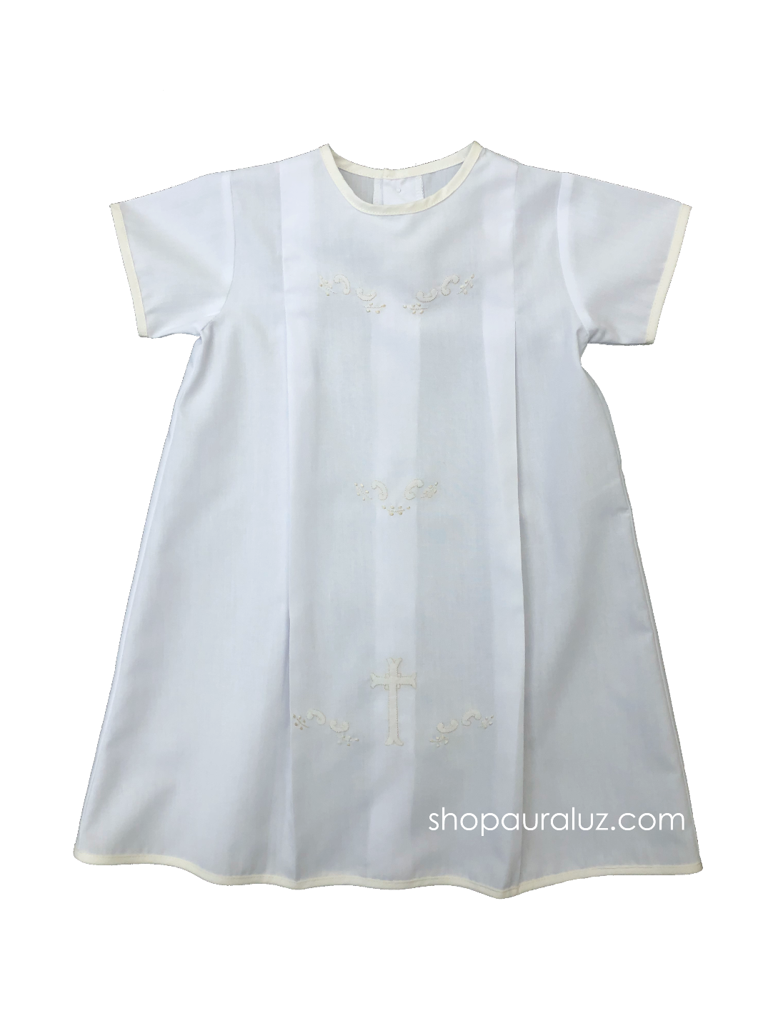 Auraluz Day Gown...White with ecru binding trim and embroidered cross