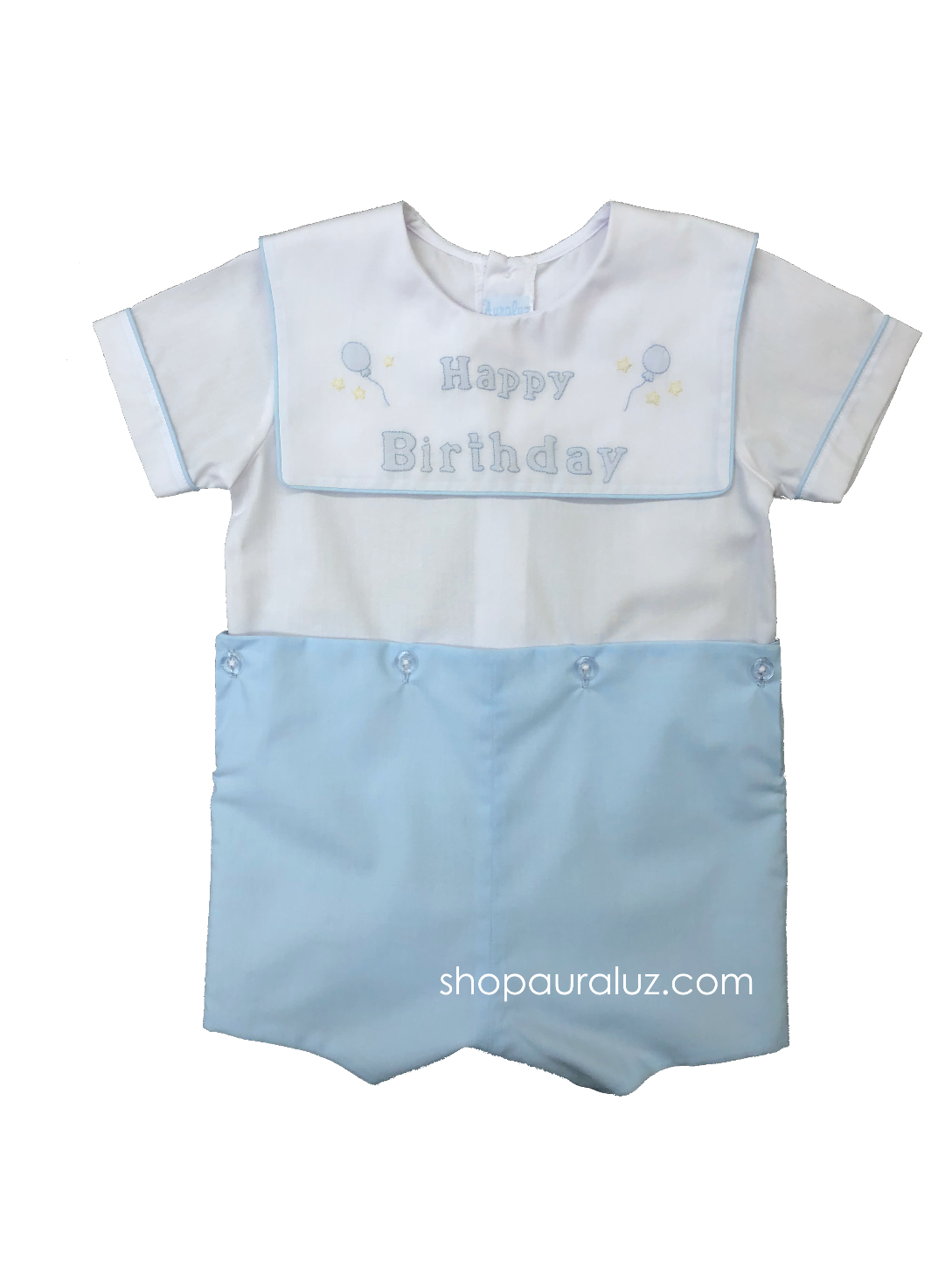 Auraluz Birthday Boy Button-On..Blue with square collar and embroidered "Happy Birthday"
