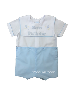 Auraluz Birthday Boy Button-On..Blue with square collar and embroidered "Happy Birthday"