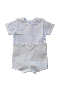 Auraluz Boy Button-On..Ecru/White with square collar and embroidered crosses