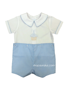 Auraluz Boy Button-On...White/blue check with boy collar and embroidered cupcake. STORE EXCLUSIVE!