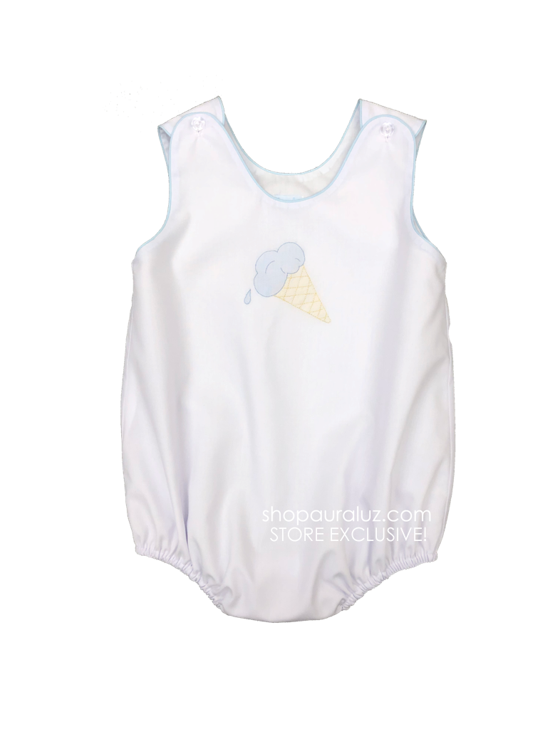 Auraluz Sleeveless Bubble..White with blue binding and embroidered ice cream cone. STORE EXCLUSIVE!