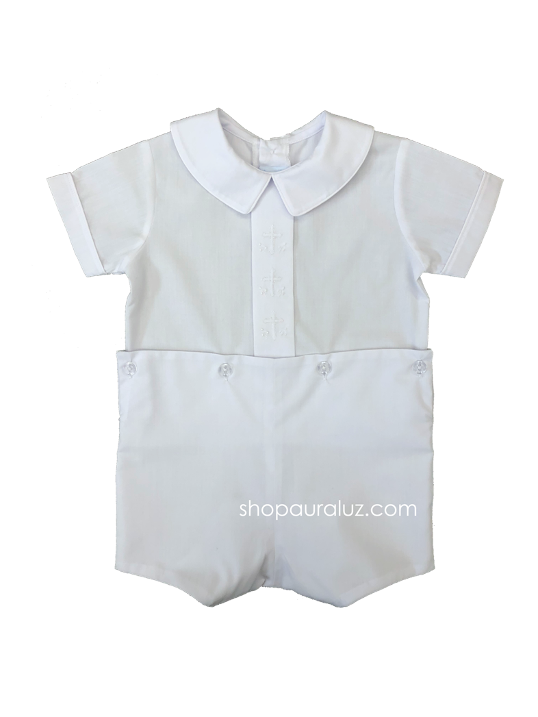 Auraluz Boy Button-On..White with boy collar and embroidered white crosses