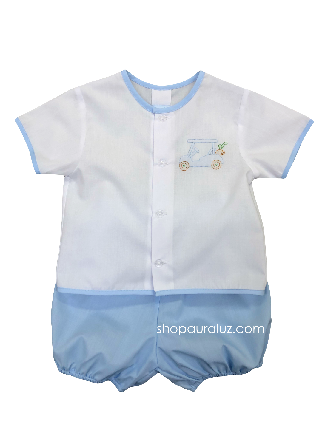 Auraluz 2pc Set...White top with embroidered golf cart and blue bloomer shorts
