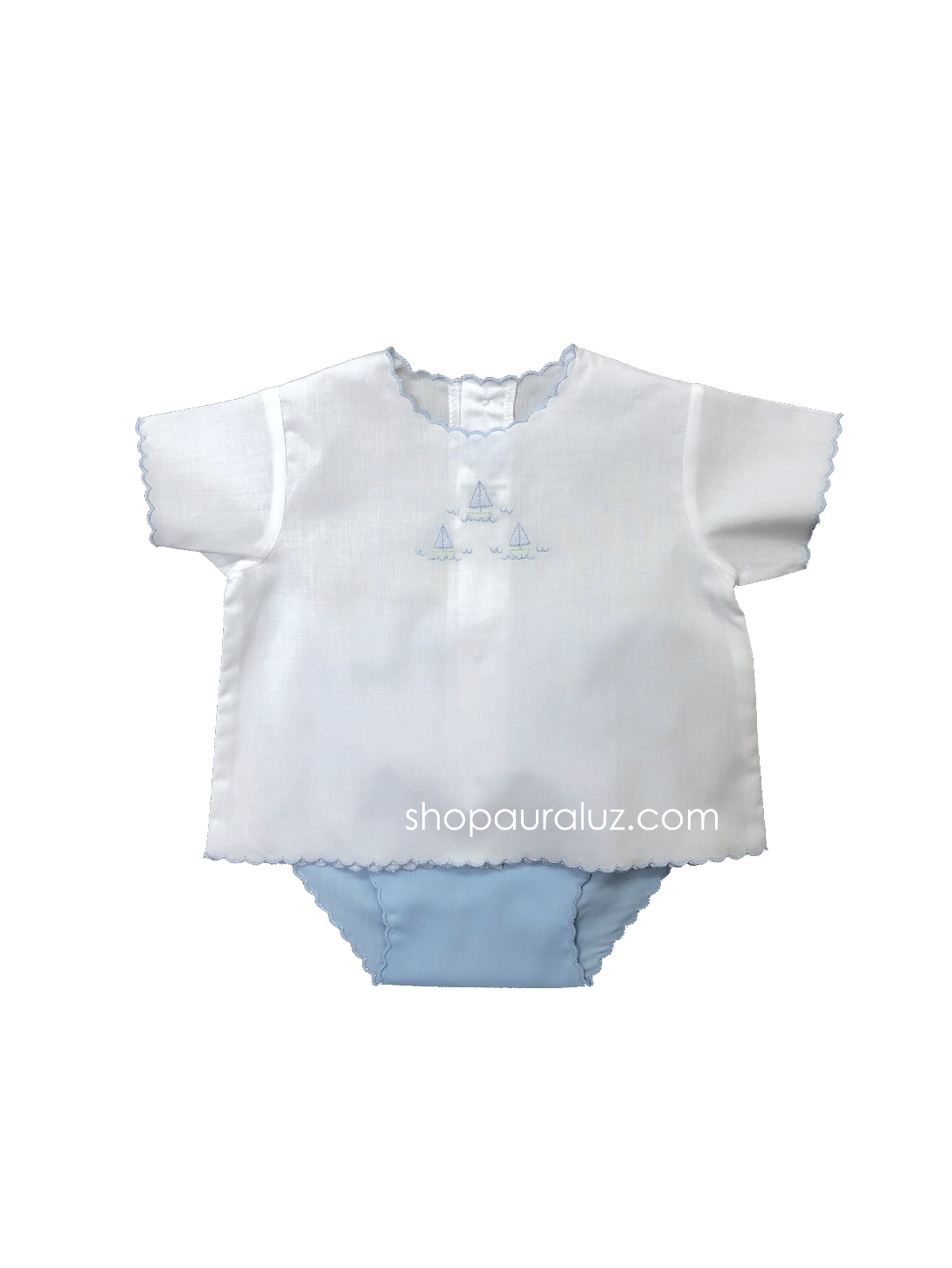 Auraluz 2pc Diaper Set...White/blue with blue scallops and embroidered boats
