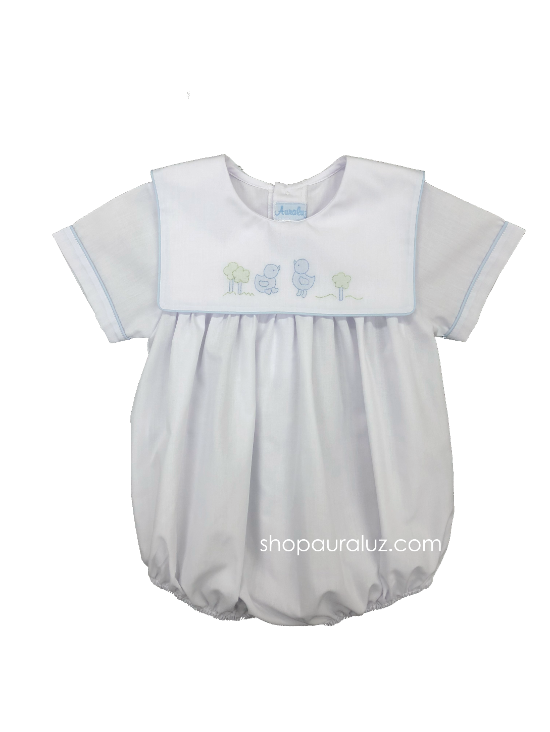 Auraluz Boy Bubble..White with blue binding trim and embroidered chicks