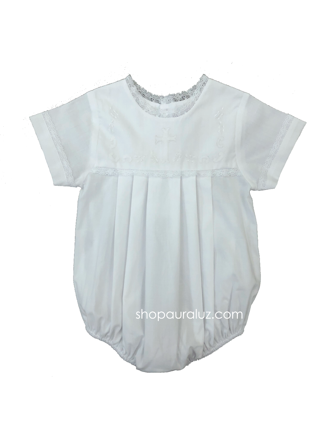 Auraluz Boy Bubble..White with white lace, no collar and embroidered cross