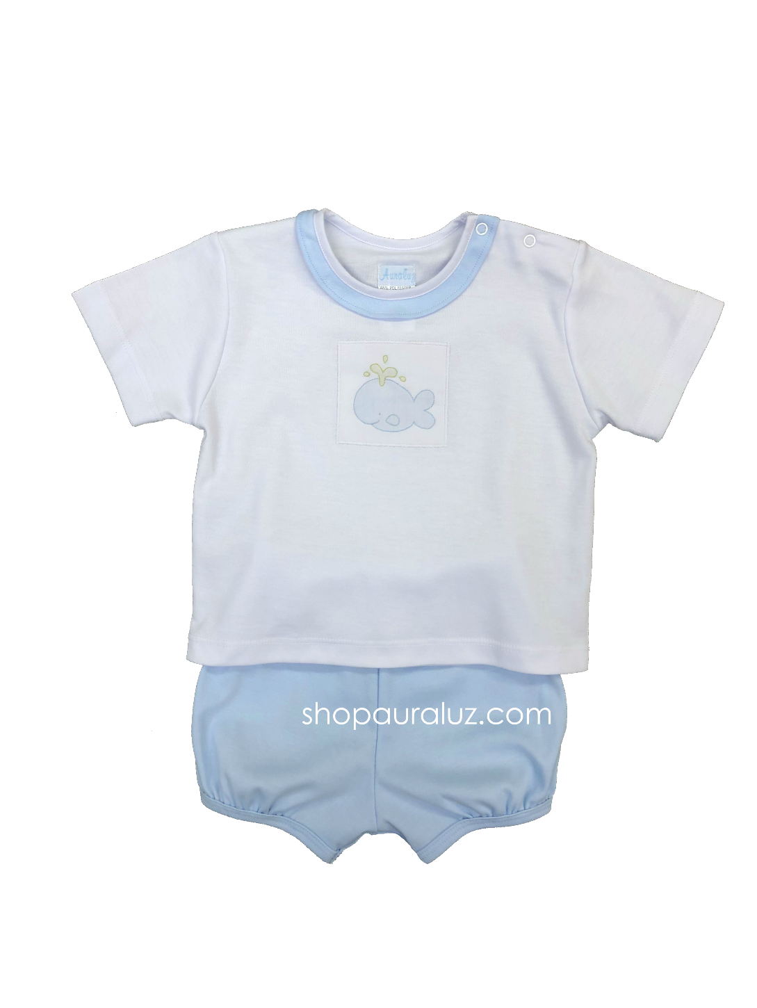 Auraluz Boy 2pc Knit Set..Blue short/white shirt with embroidered whale