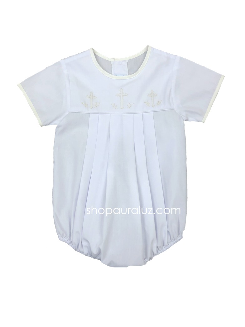 Auraluz Boy Bubble..White with ecru binding trim, no collar and embroidered crosses