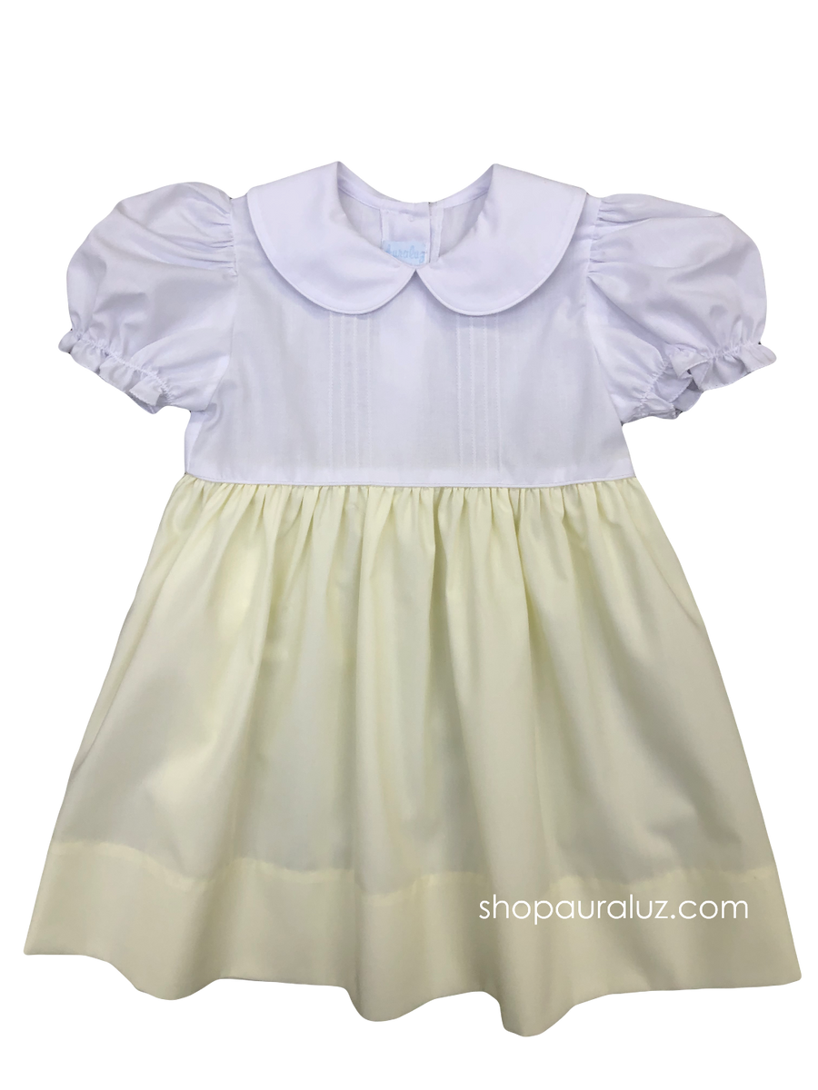 Auraluz White Angel Sleeve Dress with Flower Embroidery and Pink Trim