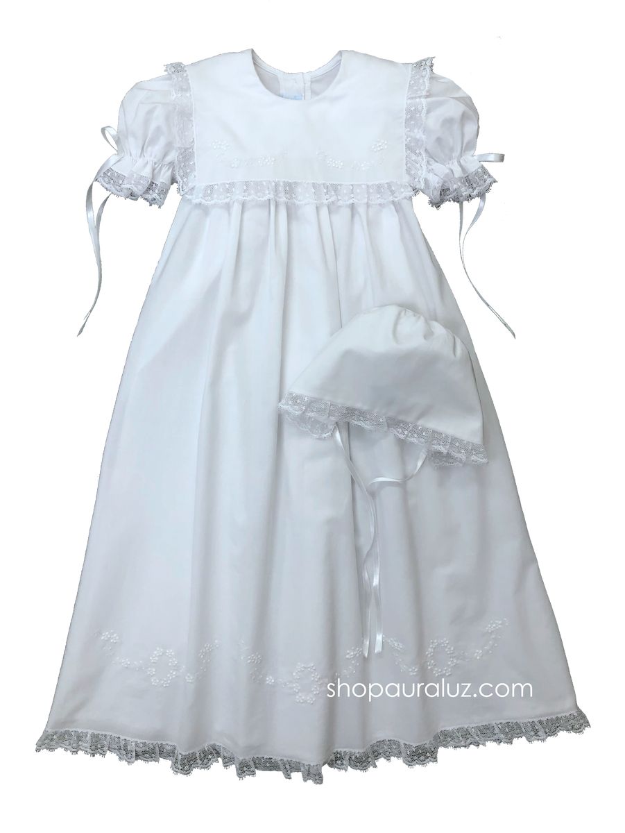 Auraluz White Lace Dress with Embroidered White Flowers